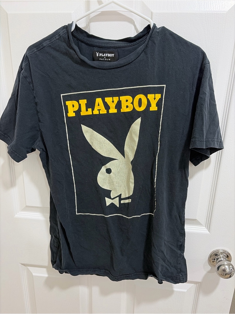 PLAYBOY Black Tee with Yellow Logo and Cream Bunny Graphic